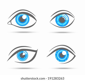 Decorative cyber robot digital look vision optic eyes set isolated vector illustration