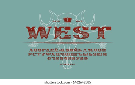 Decorative cyrillic extended serif font in western style. Letters and numbers with vintage texture for logo and label design. Color print on blue background