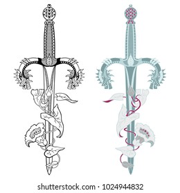 Decorative dagger with morning glory and dragon heads. Anti stress coloring book or tattoo. Vector illustration.