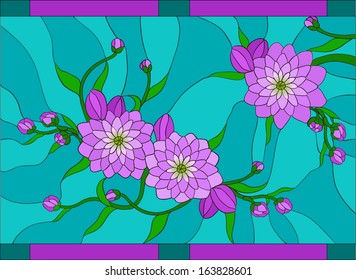 Decorative dahlia flowers on spotted blue background \ stained glass window