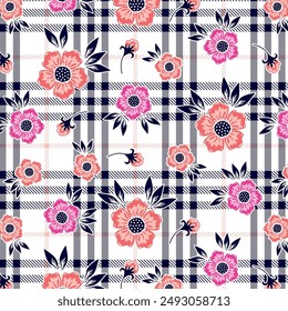 Decorative daisies pattern on plaid background.