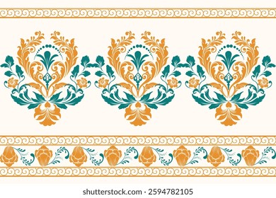 Decorative damask border pattern in teal and orange with intricate floral elements. Great for home decor and stationery.