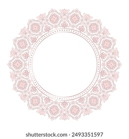Decorative damask rose gold round frame, Elegant element for design in Eastern style, Classic Vintage place for text, Victorian Floral border, Lace illustration for invitations and greeting cards