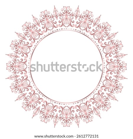 Decorative damask round frame, Elegant element for design in Eastern style, Classic place for text, Luxury Floral rose gold border, Lace illustration for invitations and greeting cards