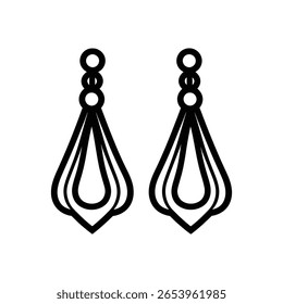 Decorative dangle earring line art with teardrop shapes and three circles design on top, isolated on a transparent background.