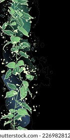 Decorative dark background with branch. Branch with green leaves. Card template design. Vector illustration.