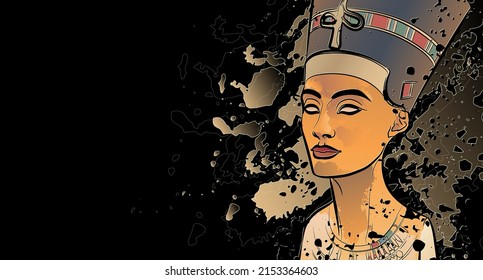 Decorative dark background with bust of Nefertiti. Card template design. Vector illustratian.