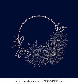 Decorative dark background with cactus flowers and leaves. Card template design. Vector illustration.