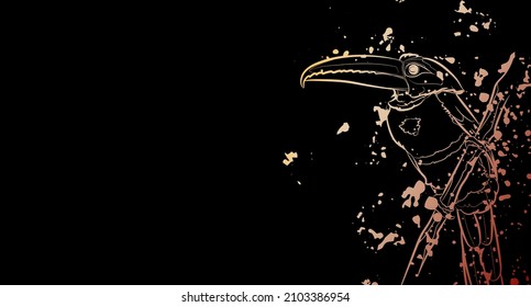 Fondo oscuro decorativo con aracari collarado en rama. Diseño de plantilla de tarjeta. Ilustración vectorial. 