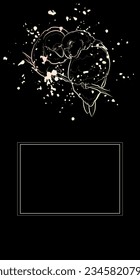 Decorative dark background with cute lovebirds on branch. Card template design. Vector illustration.