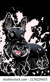 Decorativo fondo oscuro con adorable Scottish Terrier y salpicaduras. Diseño de plantilla de tarjeta. Ilustración vectorial.
