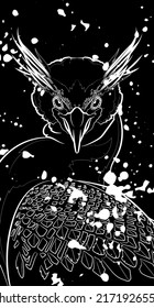 Decorative dark background with double-crested cormorant (head) and stains. Graphic drawing. Vector illustration.