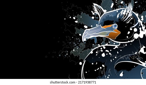 Decorative dark background with double-crested cormorant (head). Card template design. Vector illustration.