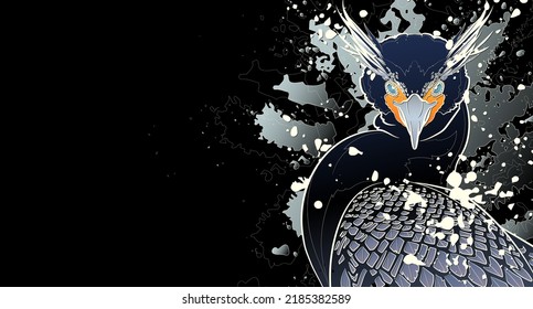 Decorative dark background with double-crested cormorant (head). Card template design. Vector illustration.