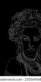 Decorative dark background with female portrait. Beautiful ukrainian woman. Card template design. Vector illustration.