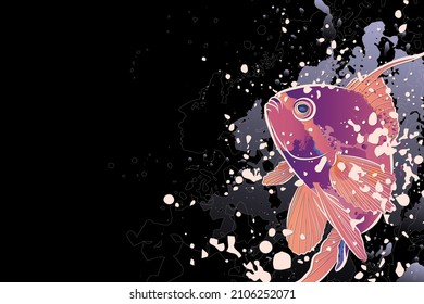 Decorative dark background with fish (Anthias anthias). Card template design. Vector illustration.
