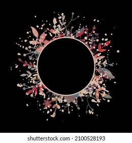Decorative dark background with floral frame. Greeting card template. Vector illustration.