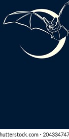 Decorative dark background with flying bat and crescent moon. Card template design. Vector illustration.