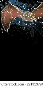 Decorative dark background with flying large flying fox. Card template design. Vector illustration.