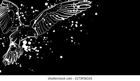 Dekorativer, dunkler Hintergrund mit fliegendem weißem Schwanz und Flecken. Kartenvorlagendesign. Vektorgrafik.