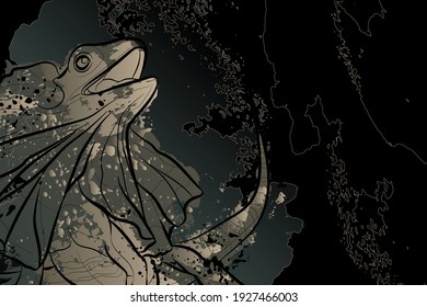 Decorative dark background with frilled lizard. Card template design. Vector illustration.