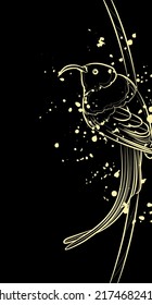 Decorative dark background with golden-winged sunbird on branch. Card template design. Vector illustration.