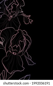 Fondo oscuro decorativo con flores de iris. Diseño de plantilla de tarjeta. Ilustración vectorial.