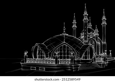 Decorative dark background with Kul Sharif Mosque. Card template design. Vector illustration.
