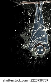 Decorative dark background with large flying fox and splashes. Card template design. Vector illustration.