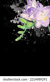 Decorative dark background with light purple freesia flowers. Card template design. Vector illustration.