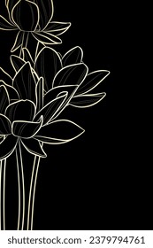 Decorative dark background with lotus flowers. Card template design. Vector illustration.