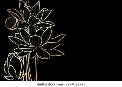 Fondo oscuro decorativo con flores de loto (Nelumbo nucifera). Diseño de plantilla de tarjeta. Ilustración vectorial.