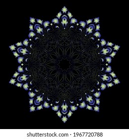 Decorative dark background with ornamental round pattern. Card template design. Vector illustration.