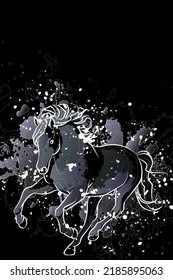 Decorative dark background with running black horse. Card template design. Vector illustration.