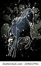 Decorative dark background with running black horse. Card template design. Vector illustration.