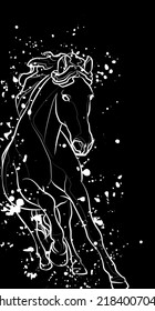 Decorative dark background with running horse and stains. Graphic drawing. Vector illustration.