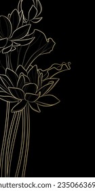 Decorative dark background with sacred lotus flowers. Card template design. Vector illustration.