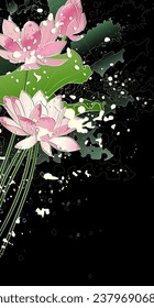 Decorative dark background with sacred lotus flowers. Card template design. Vector illustration.