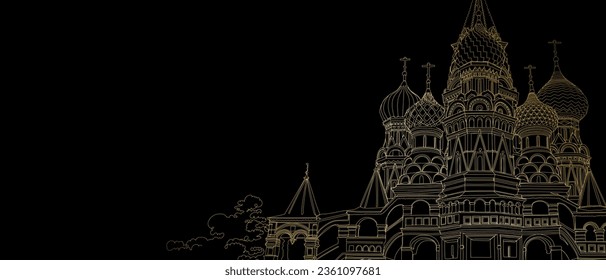 Decorative dark background with Saint Basil's Cathedral (Cathedral of Vasily the Blessed). Card template design. Vector illustration.
