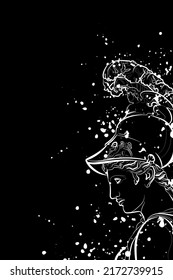 Fondo oscuro decorativo con estatua de Atenea (cabeza). Dibujo gráfico. Ilustración vectorial.