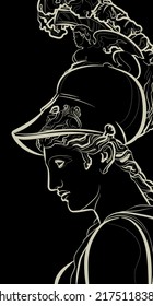 Decorative dark background with statue of Athena (head). Card template design. Vector illustration.