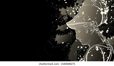 Dekorativer dunkler Hintergrund mit Statue von Athena (Kopf). Kartenvorlagendesign. Vektorgrafik.