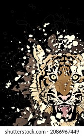 Decorative dark background with tiger head. Card template design. Vector illustration.