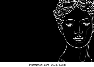 Decorative dark background with Venus head (ancient sculpture). Card template design. Vector illustration.