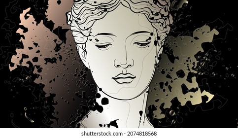 Decorative dark background with Venus head (ancient sculpture). Card template design. Vector illustration.