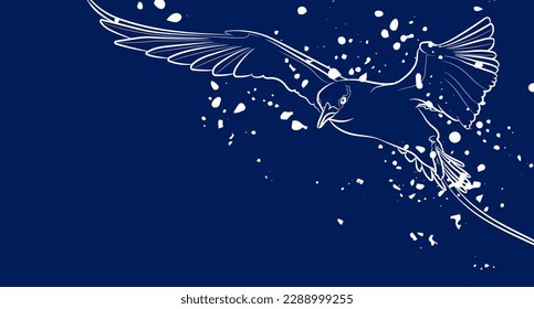 Decorative dark blue background with flying white-tailed tropicbird and stains. Card template design. Vector illustration.