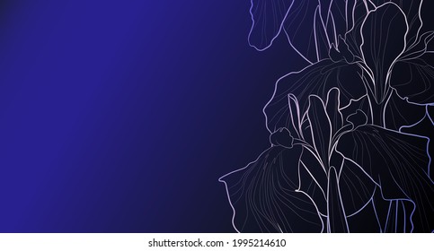 Decorative dark blue background with iris flowers. Card template design. Vector illustration.