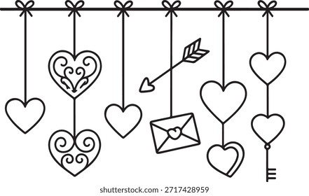 Decorative Valentine’s Day silhouette vector of hanging hearts, arrows, and romantic symbols drawn in outline style. Simple black strokes, festive and elegant love theme, isolated on white background