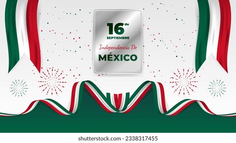 Decorative Día de La Independencia de México Greeting on Silver Plate with Wavy Mexican National Flags Ribbons. Translate: 16th September, Mexican Independence Day