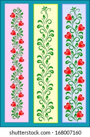 Decorative decoration of a tape with red hearts on green stalks with a set of graceful petals of leaves with a multicolored background